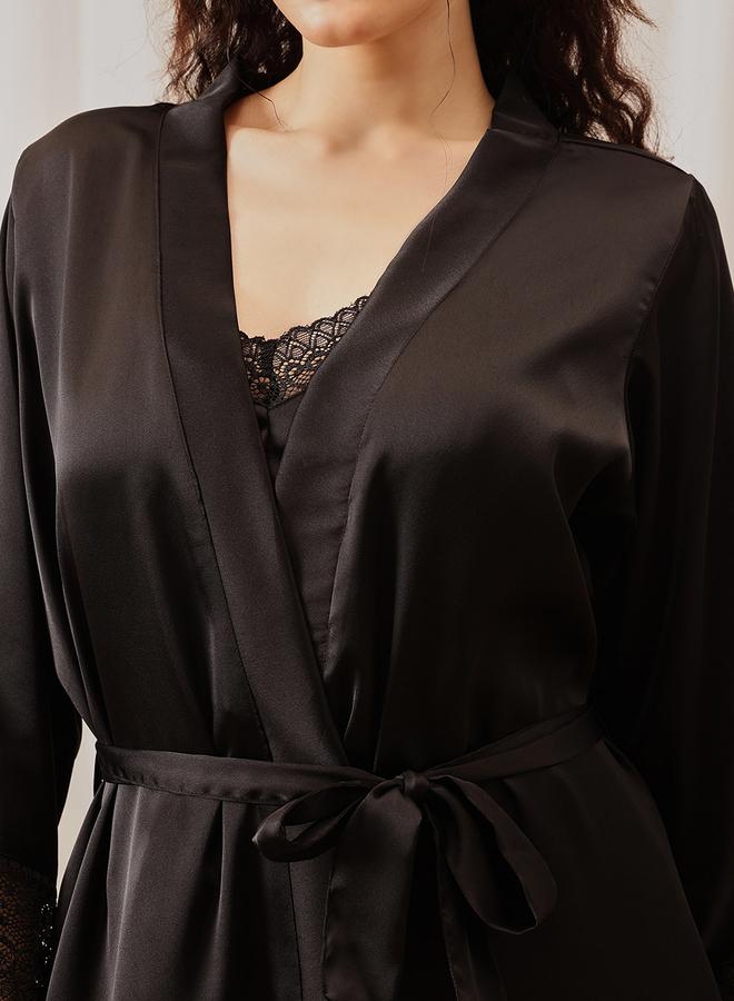 Clovia Women Black Padded Satin Nightdress with Robe Set - Image 2